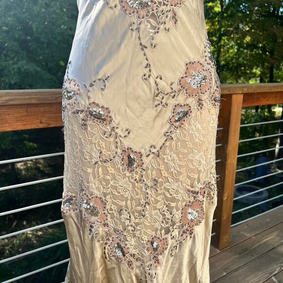 Vintage Cache Beaded Gold & Tan Lace Silk Formal Dress Gown - Picture 7 of 10